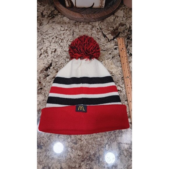McDonald’s Winter Beanie Toque Hat Medium To Large 18” White Red Black With POM - Picture 3 of 10